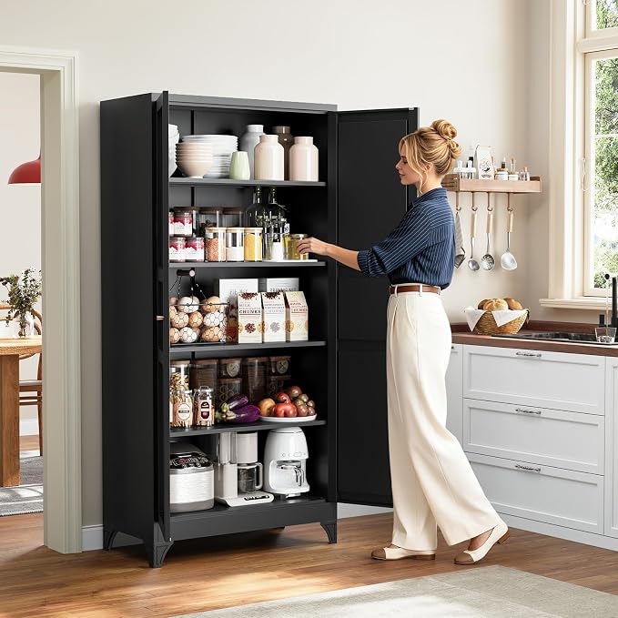 Yizosh Metal Storage Cabinet with 2 Doors and 4 Adjustable Shelves,- 72" Black Kitchen Pantry Storage Cabinet for Kitchen,Living Room,Dining Room