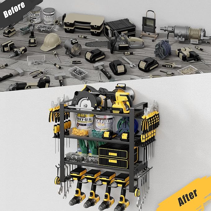 4-Tier Power Tool Organizer Wall Mount, 200LBS Capacity, 4 Drill Holders | 3-Tube Reinforced Design, Holds 50+ Tools, Cordless Tool Organizer, Rust Resistant, Quick Assembly, Garage Gift for Men