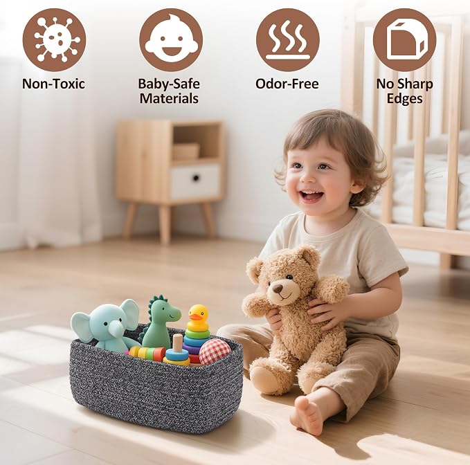 5-Pack Small Woven Rope Storage Baskets, 2 Sizes Organizer Bins | Fabric Cube Boxes and Rectangular Shallow Bins for Closet, Shelf, Bookshelf, Nursery, Changing Table, Bathroom, Toys & Home