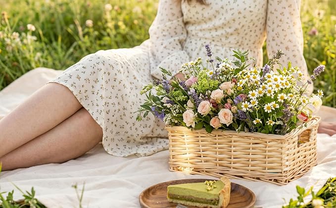 Rectangular Handwoven Willow Basket, Decorative Woven Wicker Storage Bin with Built-in Handles for Bathroom Vanity, Kitchen Counter & Shelf Organization