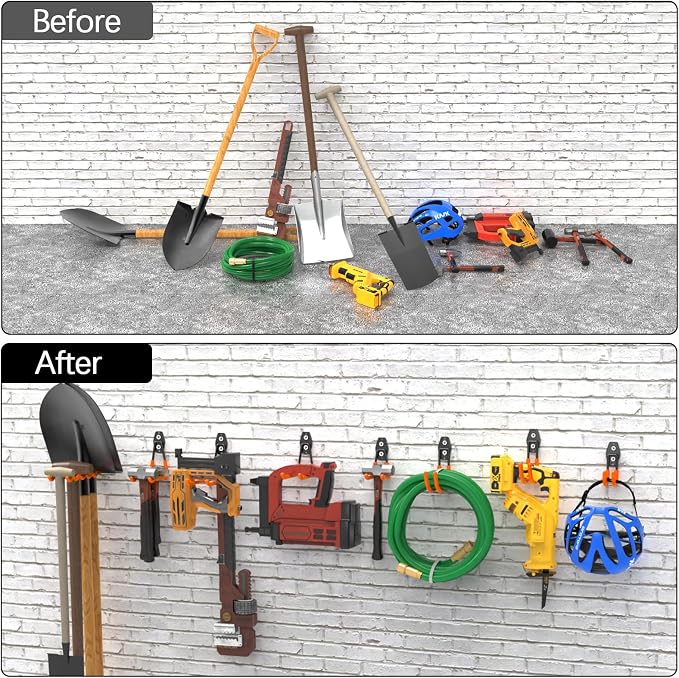 3-H Heavy Duty Garage Wall Hooks 20 Pack, Anti-Slip PVC Coating Wall Mount Garage Storage Utility Hooks, Heavy Load Organizer for Ladders, Yard Tools, Shovel, Weed Eater, Hoses & Bulk Items,Orange | Multi-Purpose Garage Hooks to Organize Garden Lawn To...