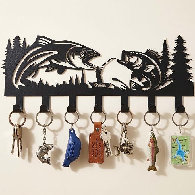 Black Metal Fishing Decor Wall Hooks, Fish Hooks Key Holder Wall Mount for Hanging Key Hat Coat, Animal Theme Hook Rack for Entryway Hallway Bedroom Bathroom, Gifts for Fishing Enthusiasts