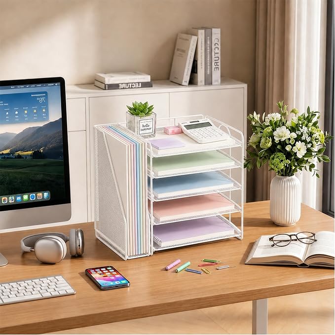 OPNICE Desk Organizer, 5-Tier Paper Organizer Letter Tray with Magazine Holder, Office Desk Accessories & Workspace Organizers, Desktop File Organizer for Office Supplies Storage, White