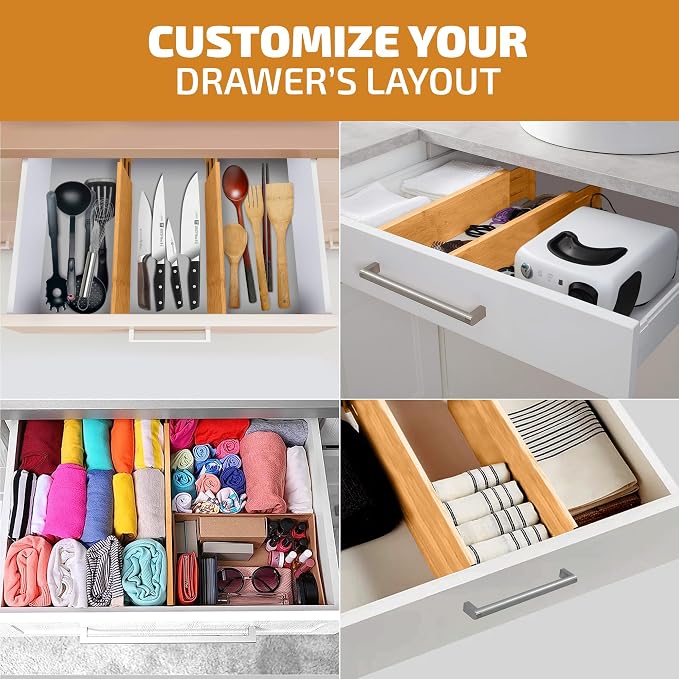 Bamboo Drawer Divider 4 Inch Deep, Fits 11.5-17 Inch, Adjustable Organizer