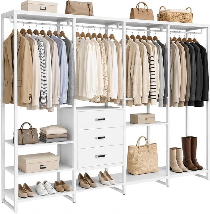 Freestanding Closet Organizer System with 3 Drawers, 6FT Heavy Duty Clothing Rack with Shelves and 6 Hanging Rods, Large Corner L Shaped Garment Rack, White