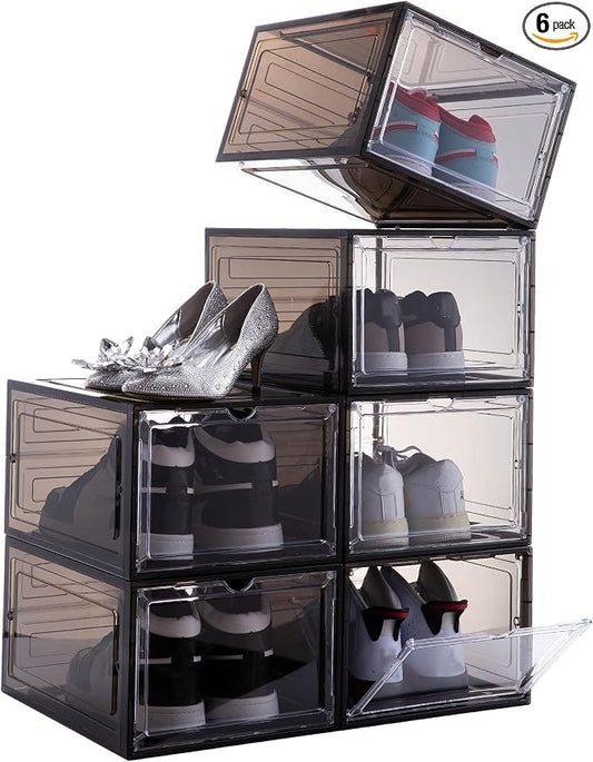 Attelite Shoe Storage Boxes Stackable Clear Shoe Organizer,6 Pack Black | Clear Shoe Box for Entryway Closet,Fit up to Men's Size 12,Magnetic Door,Tool-free Assembly,Drop Front Shoe Box for Sneaker