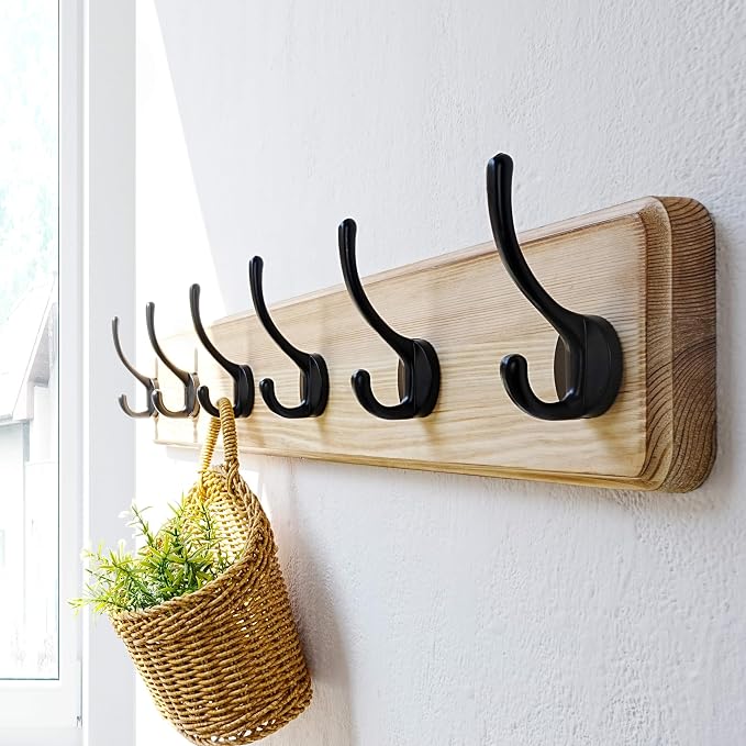 Coat Rack Wall: 24" Long, Patented, Heavy-Duty, 6-Double-Hooks Wooden Wall Mounted Coat Rack Coat Hanger Hook Rail for Winter Coats Hat Jacket Clothing, Light Brown, Pack of 2