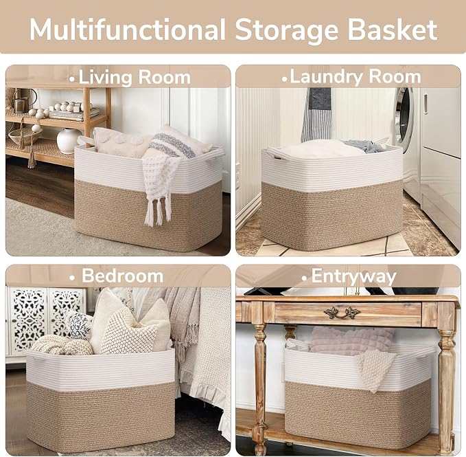 Goodpick 105L Extra Large Cotton Rope Blanket Basket, White & Light Brown | 25 x 16 x 16 in, Reinforced Handles, Living Room, Bedroom & Nursery Organization, Blankets, Toys, Clothes & Pillows Storage