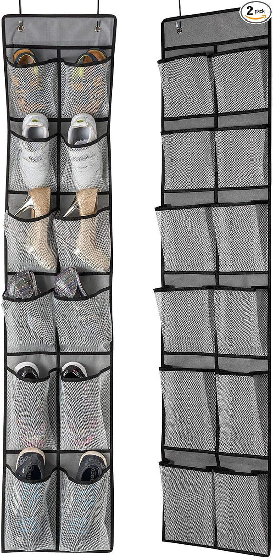 KEEPJOY Over The Door Shoe Organizer 2 Pack,Mesh Pockets Hanging Shoe Rack Over The Door,Shoe Storage Closet with 4 Hooks,Washable and Breathable Fabic,Large Size 57.5×12.6inch(Grey)