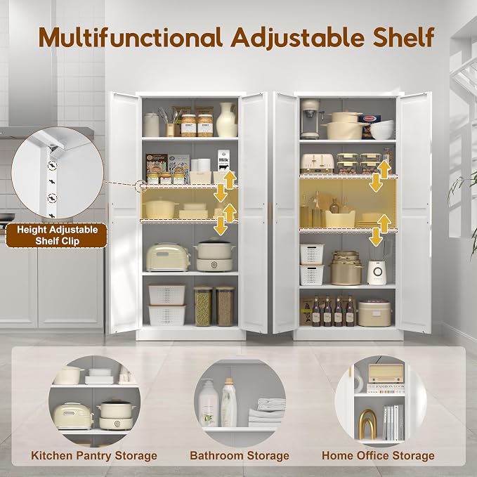 UNICOLY 71" Kitchen Pantry Cabinet, Metal Pantry Storage Cabinet with Doors | Tall Storage Cabinet with 4 Shelves, White Storage Cabinets for Kitchens, Living Room, Dinning Room, Assembly Required