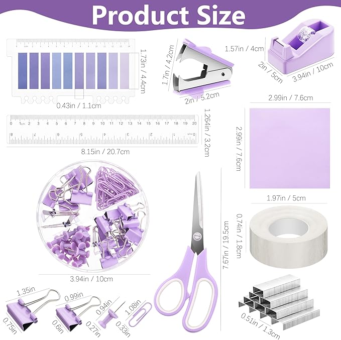 Fayoo 15 Pcs Purple Office Supplies Set Mesh Desk Organizer Accessories Kit | Include Stapler, Tape Dispenser, Staple Remover, Clips, Ruler, Scissors, Sticky Notes, for Office, School, Home, Women