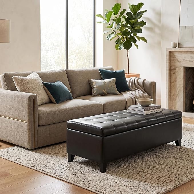 HOMCOM 51" Ottoman Storage Bench Faux Leather Storage Chest Black | Lift Top, Tufted Ottoman, Living Room, Entryway