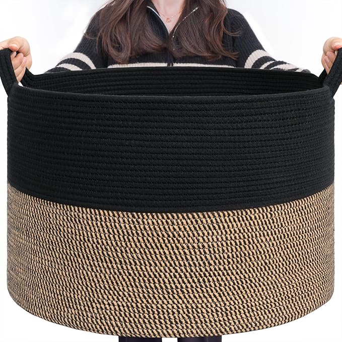 INDRESSME XXXLarge Woven Rope Blanket Basket Living Room Mix Black, 90L | 21.7" x 13.8" Storage baskets for toys laundry & pillows. Fits living room, bedroom or nursery décor. Soft-touch with handles