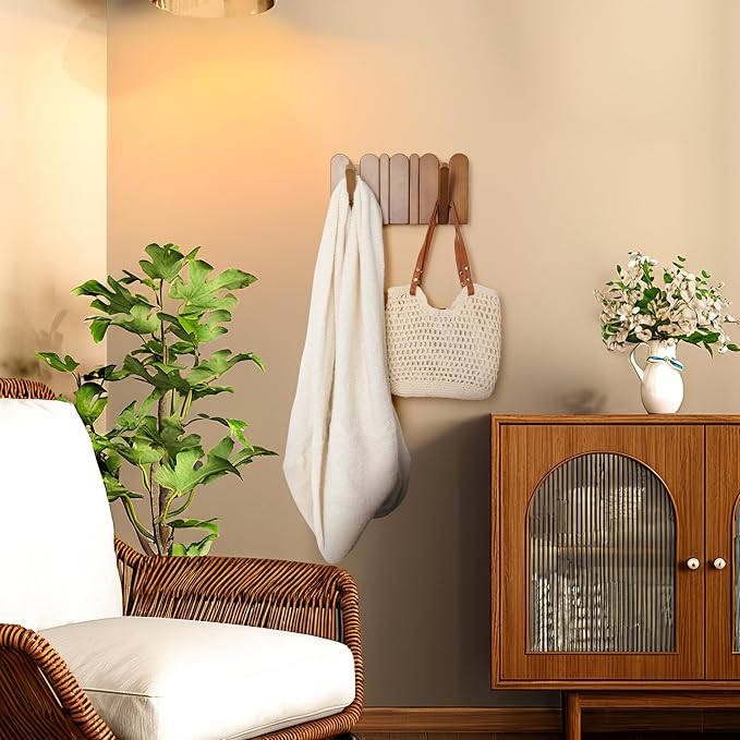 Wall Coat Rack for Entryway: Folding Wood 4 Hooks for Small Space | Modern Heavy Duty Wall Mounted for Mid Century Home Decor Bathroom Hallway Bedroom for Hanging Towel Jacket Backpack Bag