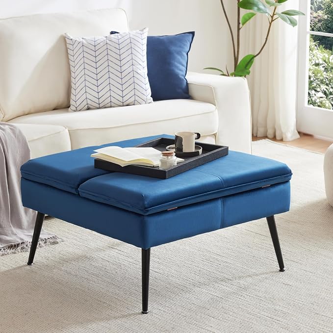 Square Ottoman with Storage Coffee Table Large Upholstered Navy | Mid-Century Modern Ottoman w/ Double Flip-Lid Metal Legs Padded Seat for Living Room Bedroom, Velvet, Loads 660 lbs