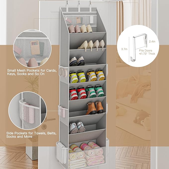 Shoe Organizer, Over the Door Shoe Organizer, Hanging Closet Shoe Storage with Large Deep Pockets, Fits 16–24 Pairs of Sneakers, Sandals, Boots, Gray