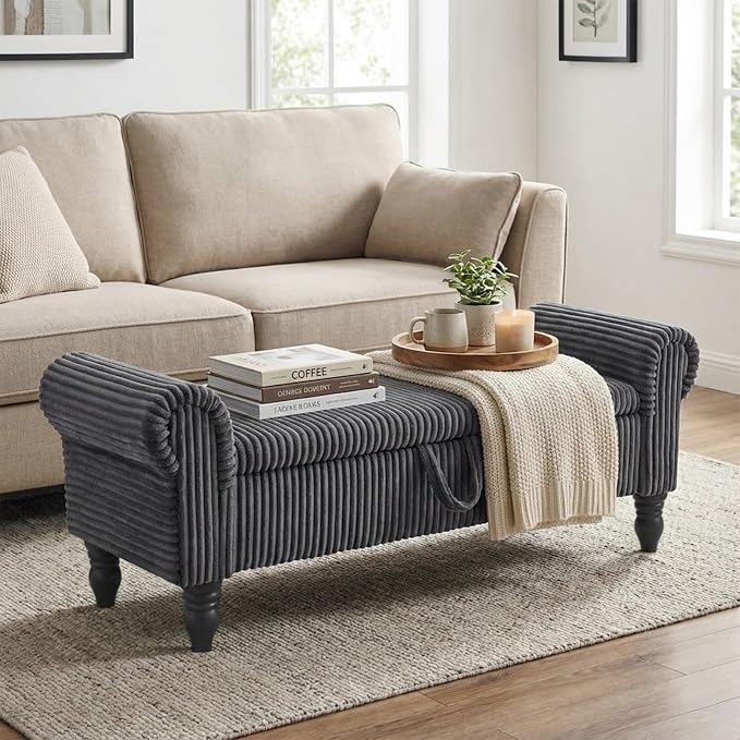 55" Bench for End of Bed Storage Benches, Queen End of Bed Bench Corduroy Upholstered Storage Ottoman Window Bench with Storage, for Bedroom, Entryway, Closet, Dark Grey