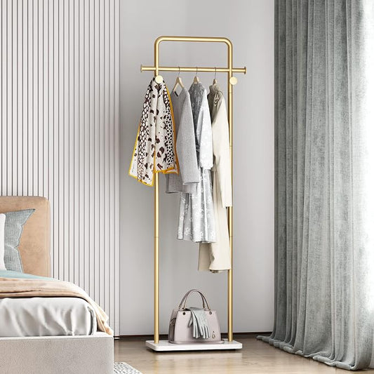 TIEOU Gold Clothing Racks with Shelf, Heavy Duty Gold Clothes Racks for Boutiques, Free-Standing Metal Garment Rack for Hanging Clothes, Modern Coat Rack Entryway