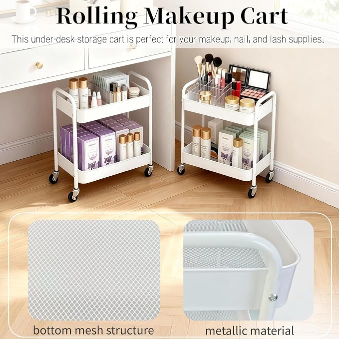 2 Tier Short Rolling Cart with Wheels for Under Desk Storage & Pantry Storage, Large Capacity Metal Kitchen Utility Cart for Small Space, Laundry Room Organizer Side Table with 4 Hooks, White
