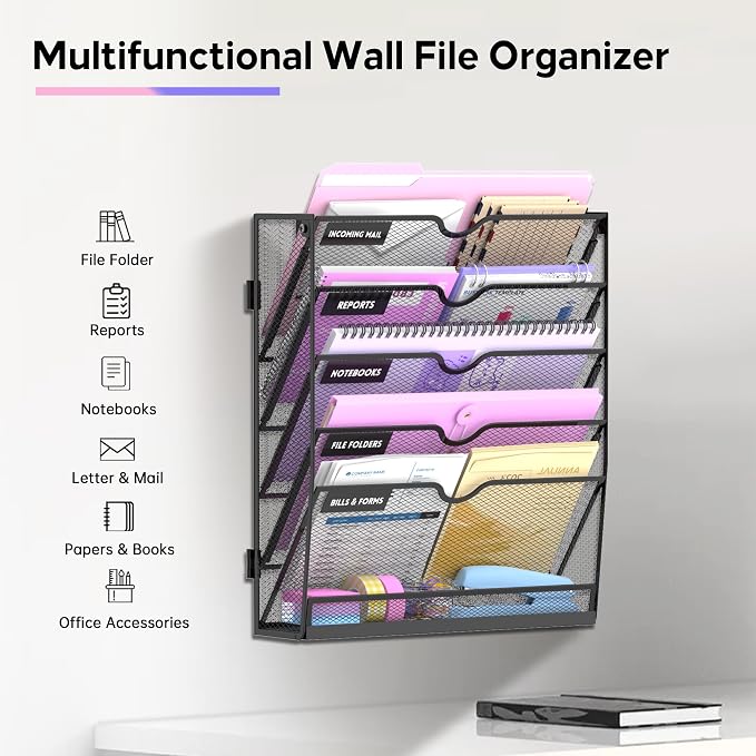 6-Tier Wall File Organizer with Base, Wall Mounted File Holder | Vertical Hanging File Organizer with Open Compartments and Label Holders for Mail, Folders and Paperwork at Home or Work