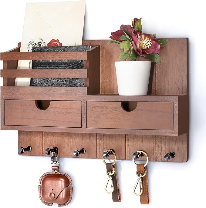 Rebee Vision Key Holder Wall Mount with 2 Drawers for Entryway, Brown | Mail Organizer for Wall, 6 Key Hooks, Mail Sorter, Can Hold Letters, Room Decor Aesthetic, Apartment Essentials, Home Storage