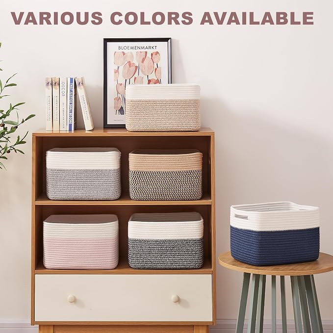 OIAHOMY 4 Pack Storage Basket, 13"x9"x7.8" Cotton Rope Baskets for Shelves, Closet Organizer for Bedroom & Living Room, Soft Decorative Bins for Organizing Towels, Books & Toys, Olive Green & White