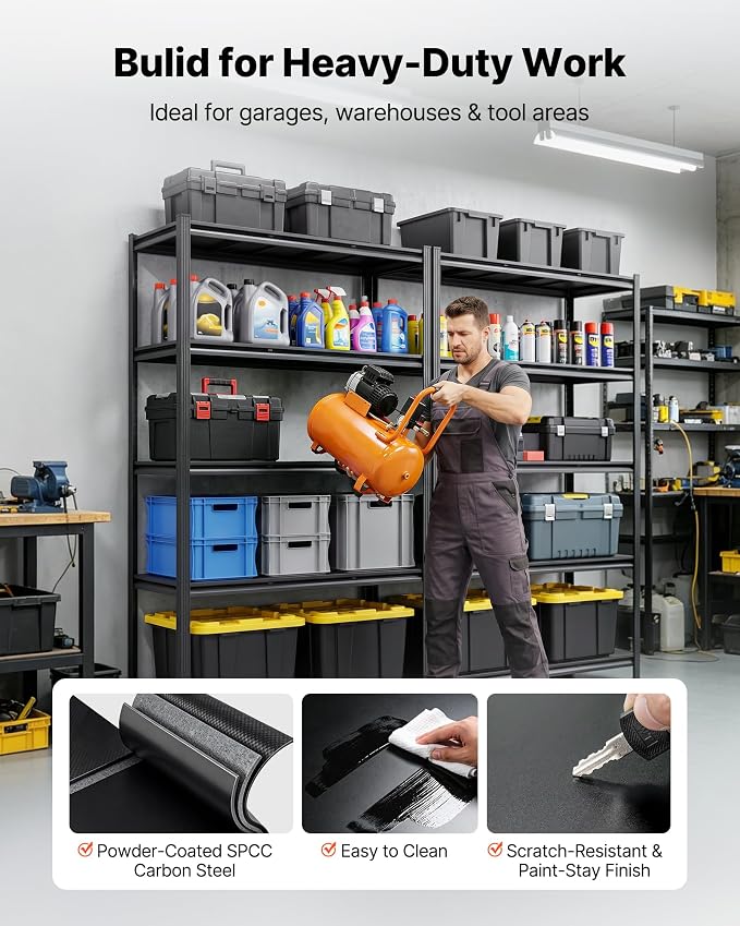 VEVOR Garage Shelving, 5-Tier Adjustable Storage Shelves, 3000 lbs Heavy Duty Garage Shelves, Metal Utility Rack Shelf for Garage Workshop Warehouse Basement, 48.43" W x 20.55" D x 71.38" H
