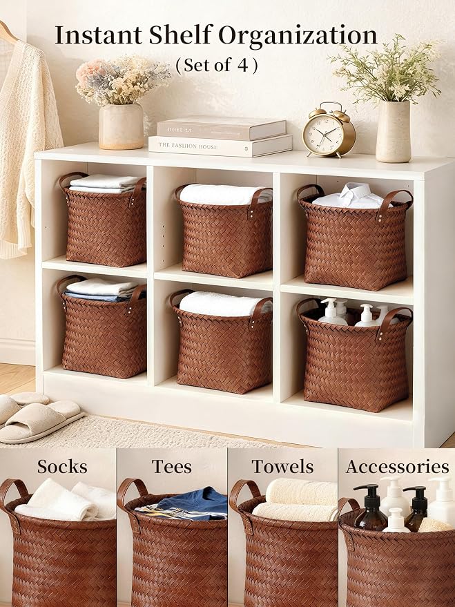 Wicker Storage Baskets, 4 Pack Woven Baskets for Shelves, Brown | PP Rattan, Water-resistant Wicker Basket, Large Baskets with Faux Leather Handles for Blanket, Laundry Organizer, Room Decor