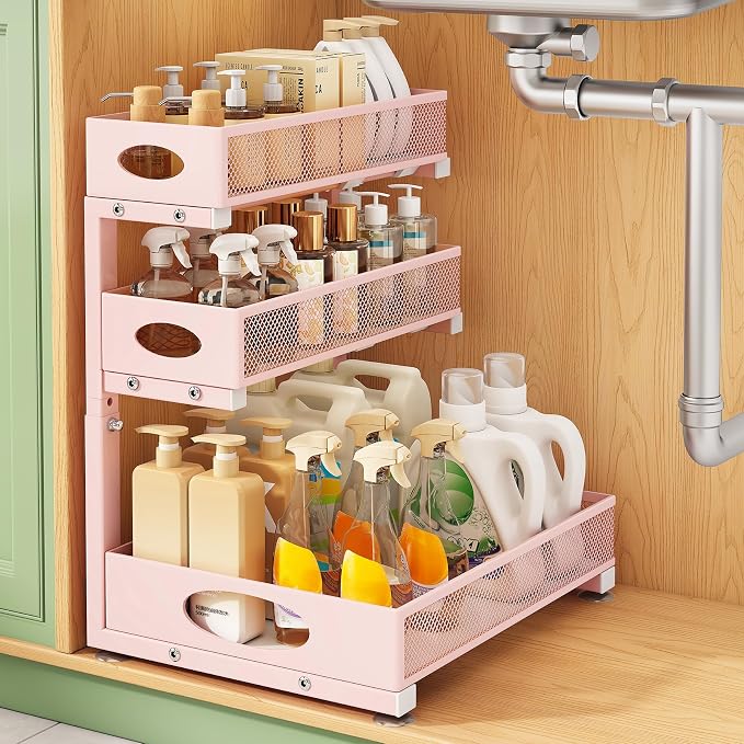 Kitstorack Under Sink Organizer 3-Tier Slide Out Drawer 1-Pack Pink | Height Adjustable, Metal Mesh Storage Rack, Pull out Cabinet Organizer Shelf for Bathroom Kitchen Pantry Home Organization