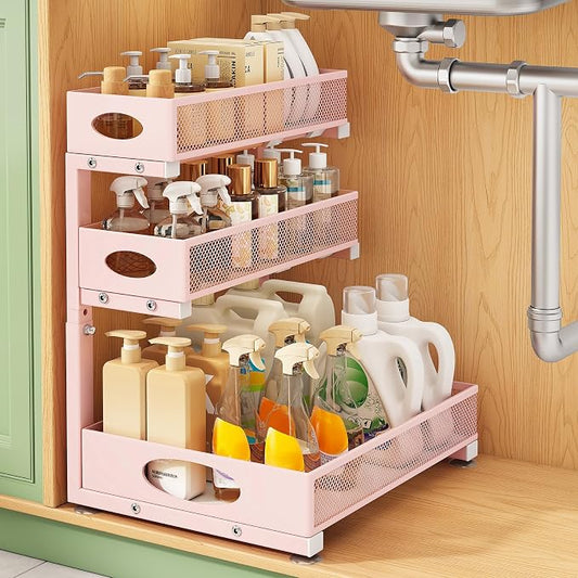 Kitstorack Under Sink Organizer 3-Tier Slide Out Drawer 1-Pack Pink | Height Adjustable, Metal Mesh Storage Rack, Pull out Cabinet Organizer Shelf for Bathroom Kitchen Pantry Home Organization