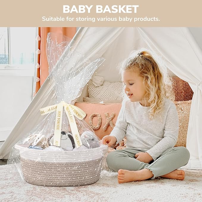 CHICVITA Large Gift Basket Empty with Bags & Ribbon to Fill, Brown | 13.6"x 10" x 6" Woven Gift Basket Empty to Fill for Holiday, Rope Baskets for Organizing, Birthday Basket, Dog Toy Basket