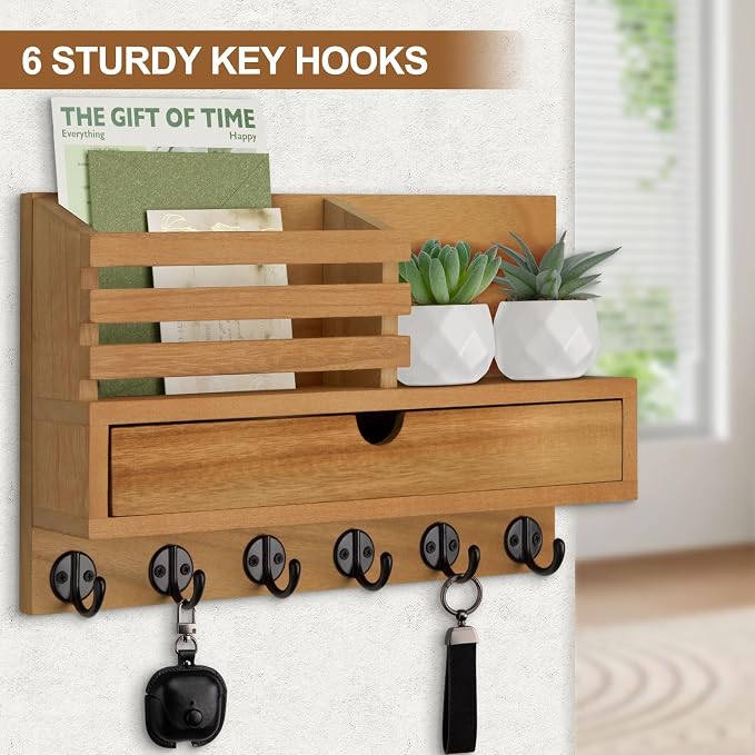 Key Holder Wall Mount, Mail Holder with Storage Drawer and 6 Key Hooks for Coat, Dog Leash, Home Decor Rack, House Accessories, Entry Way Organizer