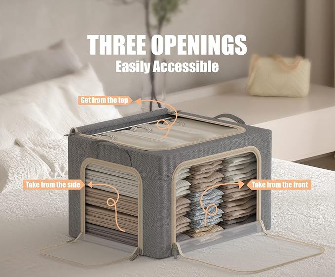 3 Opeings Large Clothes Storage Bins with Metal Frame, Foldable Storage Bin for Clothes, Clothing Storage Bins with Lid, Linen Storage Box With Clear Window＆ Zippers＆ Handles.(3 Pcs,Light Grey,66L)