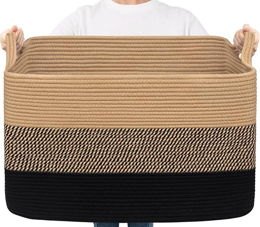Goodpick Extra Large Wicker Blanket Basket with Handles, Black Jute | 85L, 23.6 x 15.7 x 13.8 in, Rectangle, Living Room, Bedroom & Nursery Organization, Blankets, Pillows & Toys Storage