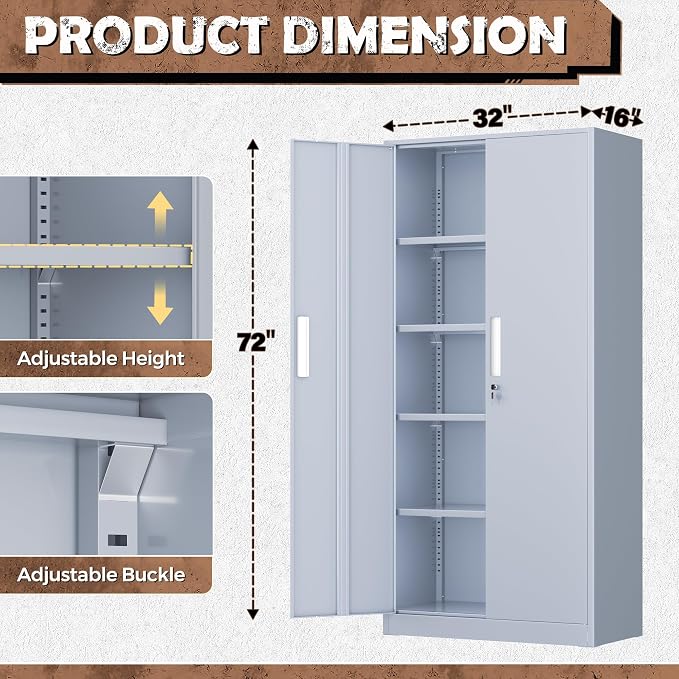 INTERGREAT Metal Storage Cabinet, 72” H Storage Cabinet with Doors and Adjustable Shelves for Office, Home, Garage, Pantry (Assembly Required, Cement Grey)