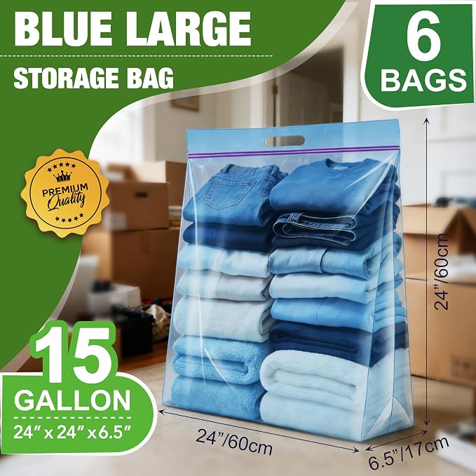 GOONIK 15 Gallon Large Storage Bags with Zipper and Handle for Clothes Pillow Travel Moving, Large, 24” x 24”, Blue, Pack of 6