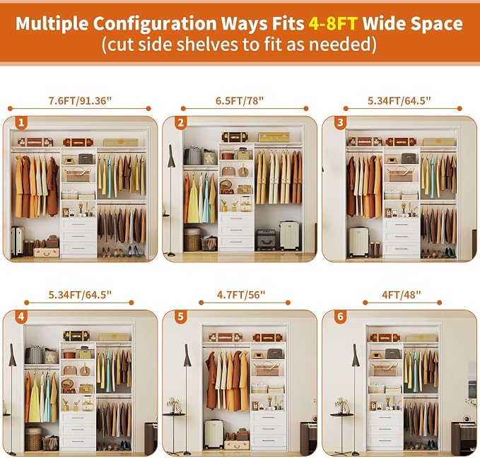 Closet System with Drawers, 5-7.61FT Closet Organizer System with Cuttable Shelves & 3 Expandable Hanging Rods, 96” Walk in Closet Organizer Storage System, Modular Closet Systems Adjustable, White