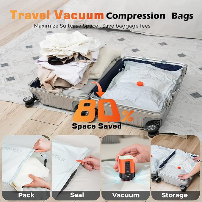 ETENWOLF 20 Combo Vacuum Storage Bags for Travel with Wireless Pump | Vacuum Seal Bags for Clothing Travel, Compression Packing Bags for Clothes and Blankets, Space Saver Bags in Carry-On Sizes