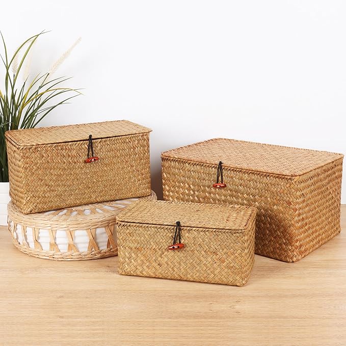 Moosky Wicker Shelf Baskets with Lid,Natural Seagrass Storage Basket Boxes Handwoven Rectangular Baskets Bins Multipurpose Home Organizer Decor (Large+Medium+Small)