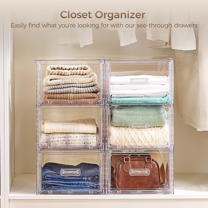 Vtopmart 9 Pack Clear Stackable Storage Drawers 15QT | Easily Assemble Closet Organizers,Plastic Storage Bins for Bathroom,Cabinet,Kitchen Pantry,Under Sink Organization(Medium)