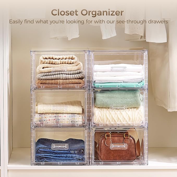 Vtopmart 4 Pack Clear Stackable Storage Drawers 15QT, Easily Assemble Closet Organizers,Plastic Storage Bins for Bathroom,Cabinet,Kitchen Pantry,Under Sink Organization(Medium)