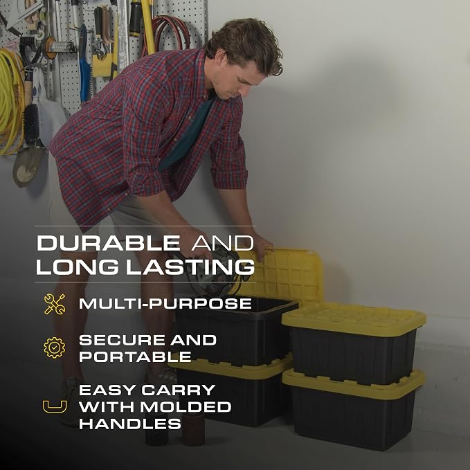 BLACK & YELLOW 5-Gallon Stackable Plastic Storage Bins with Lids, 6 Pack | Small heavy-duty storage totes for garage, closet, classroom & home organization, 8.6H x 12.3W x 16.4D, Black & Yellow