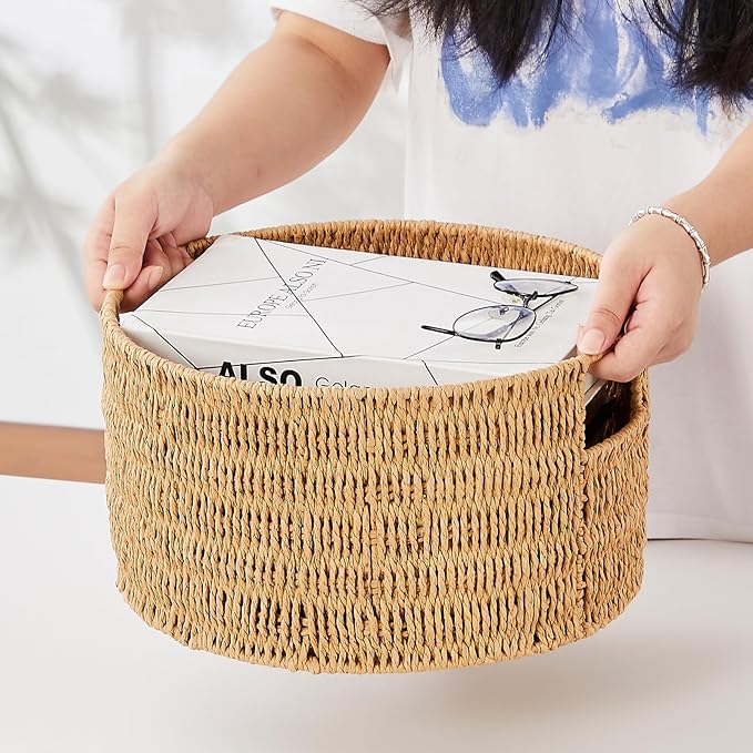 Wicker Storage Basket, Hand-Woven Paper Rope Large Round Woven Basket With Handles, Wicker Baskets for Organizing/Storage, Natural, 3-Pack