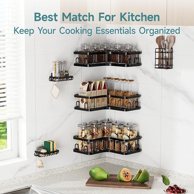 Veken Large Capacity Corner Shower Caddy 6-Pack, Advanced Rustproof Design | No Drilling Adhesive Shelves, High-Load Rack with Soap Dishes & Toothbrush holder, Bathroom Organizers and Storage, Black