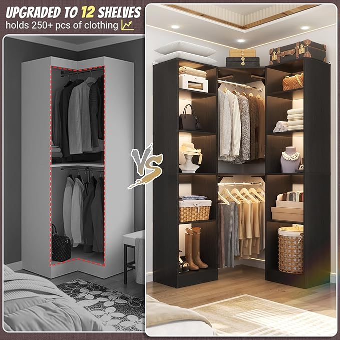 Besiost Corner Closet System with 12 Shelves, 39.2" Corner Organizer | L Shaped Closet with 2 Hanging Rods, Versatile 6-Tier Walk-in Closets for Corner Space, Black (39.2" L x 39.2" W x 80" H)
