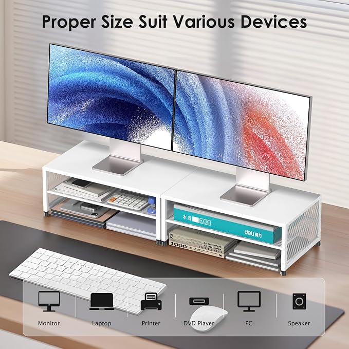 ECOLOVI 2-Tier Computer Monitor Stand Riser, Desk Organizer for Monitor, Printer & Laptop Stand, Desktop Workspace Organizers for Office Supplies(White)