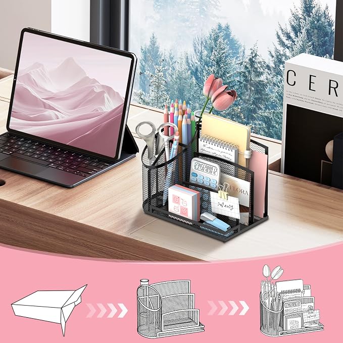 Desk Organizer with 3 Compartment Pen Holder, 3-Slot Mail Organizer and Flower Tube, Metal Mesh Bill Organizer for Pencil, Envelope, Letter and Office Supplies, Black