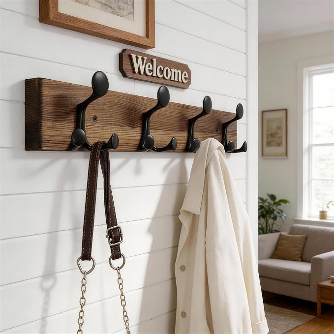 WEBI Coat Rack Wall Mount,24" Solid Wood Coat Hooks Wall Mounted Coat Hanger,16" Hole to Hole,Heavy Duty Hook Rack,4 Triple Hooks for Hanging Coats,Jacket,Hat,Backpack,Farmhouse,Brown