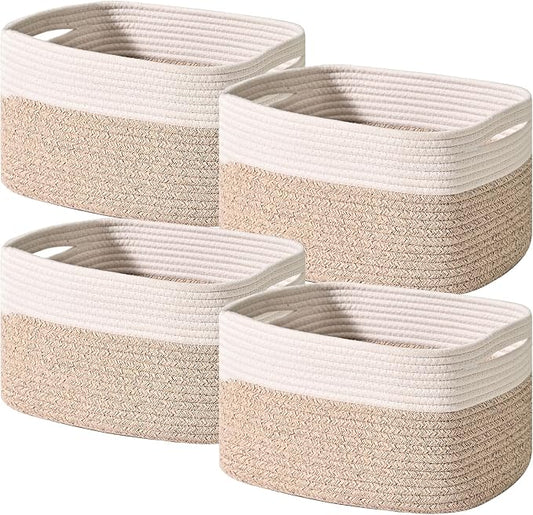 ICERZCZ Storage Baskets for Shelves, Woven Storage Basket, Bins for Cube Storage, Cotton Rope Basket with Handles for Toy, Book, and Clothes Living Room, (4 Packs) Off White & Brown