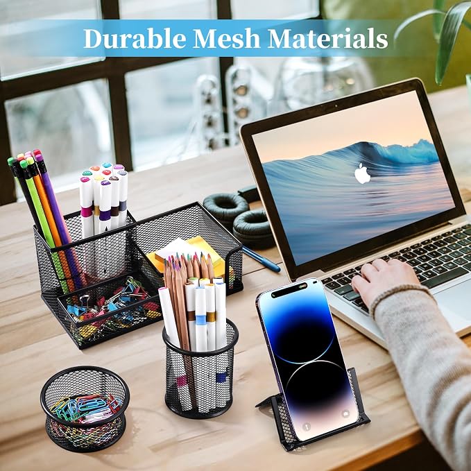 2-Piece Desk Pen & Pencil Organizer - Mesh Metal Pen Cup with Sticky Notes Holder, Black | Pen Cup